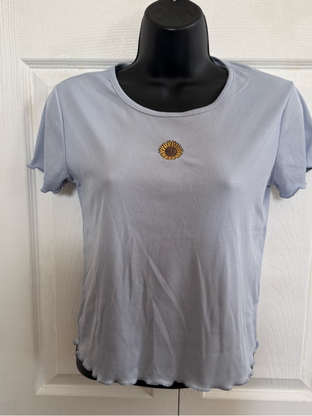 Light Blue Ribbed Short Sleeve Tee with Sunflower Patch